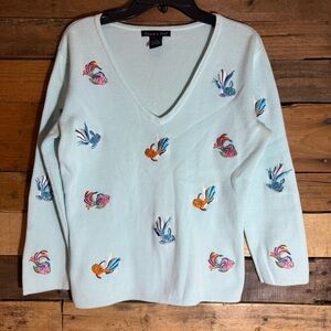 Vtg 90s FISH SWEATER EMBROIDERY Very Light Blue Color By‎ Eagle's Eye Size Small